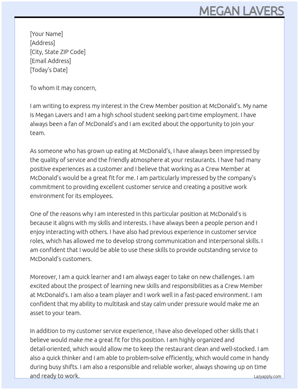 Crew Member At McDonald’s  Cover Letter