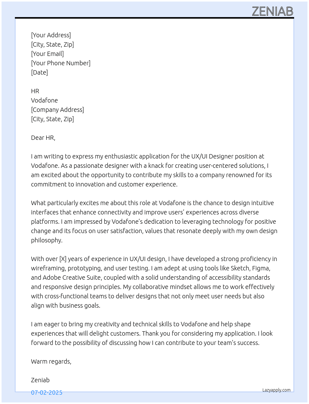 UX/UI designer At vodafone Cover Letter