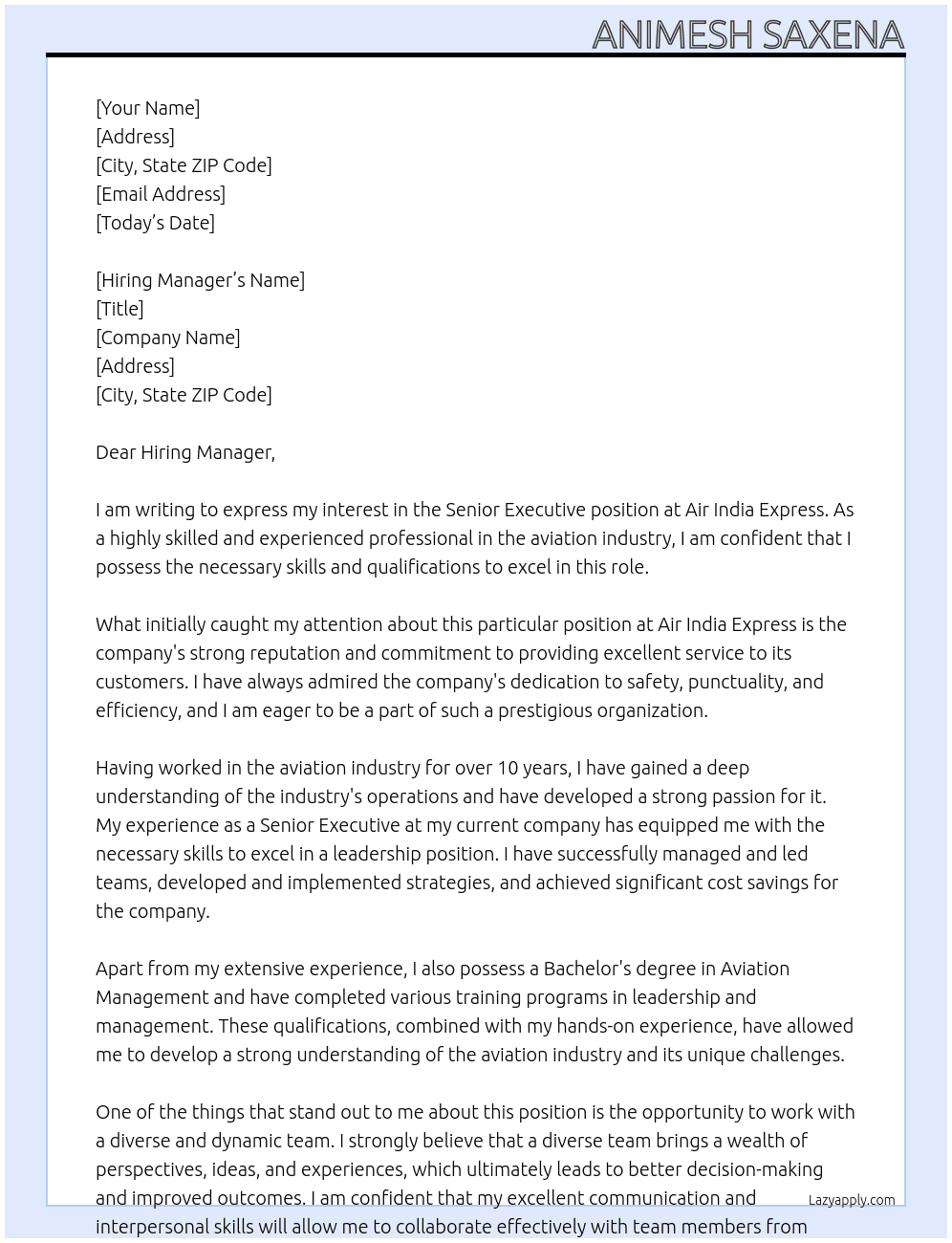 Senior executive At Air india Express Cover Letter