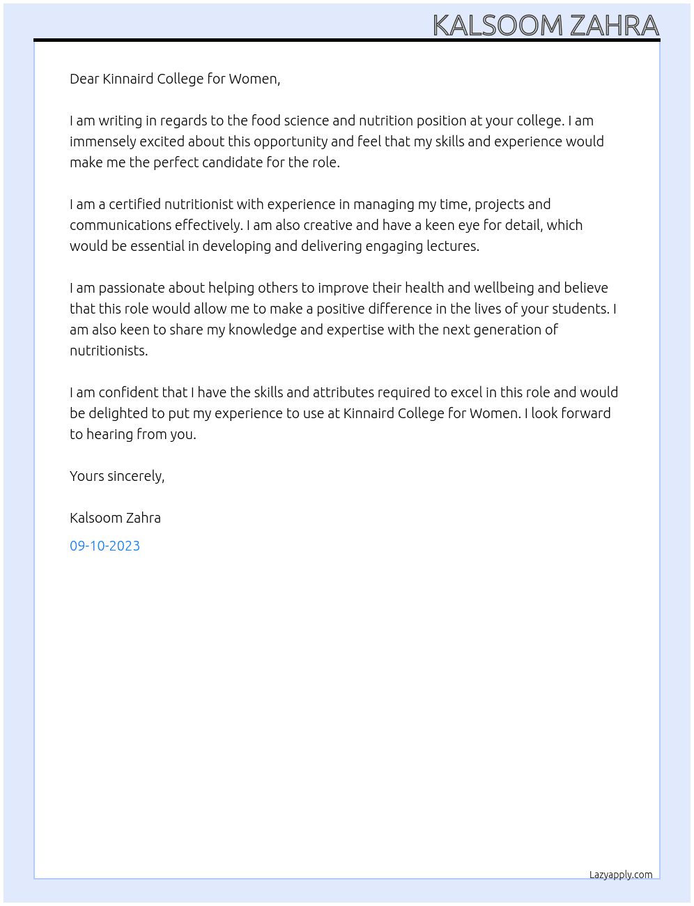 Food science and nutrition  At Kinnaird College for Women  Cover Letter