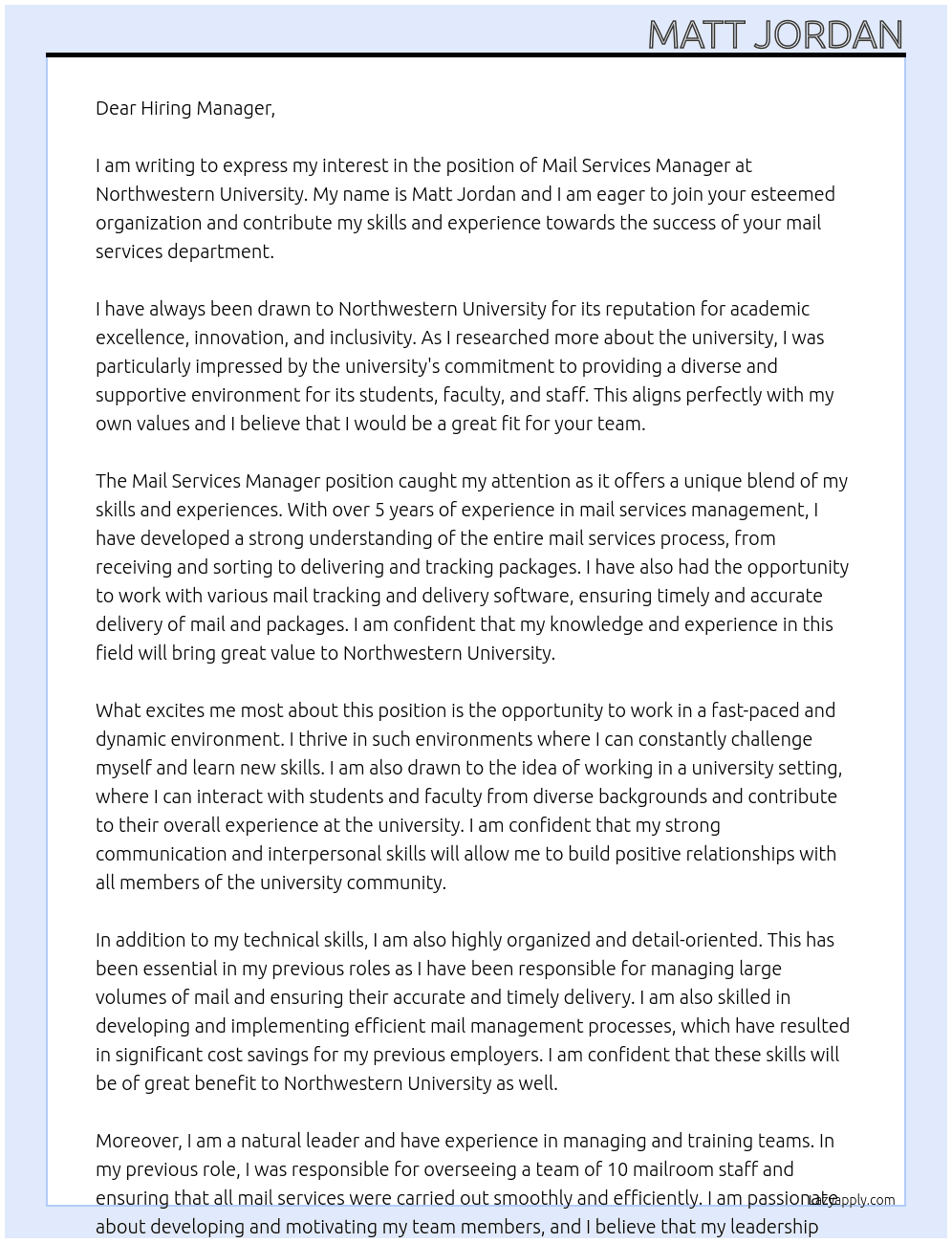 Mail Services Manager At Northwestern University Cover Letter