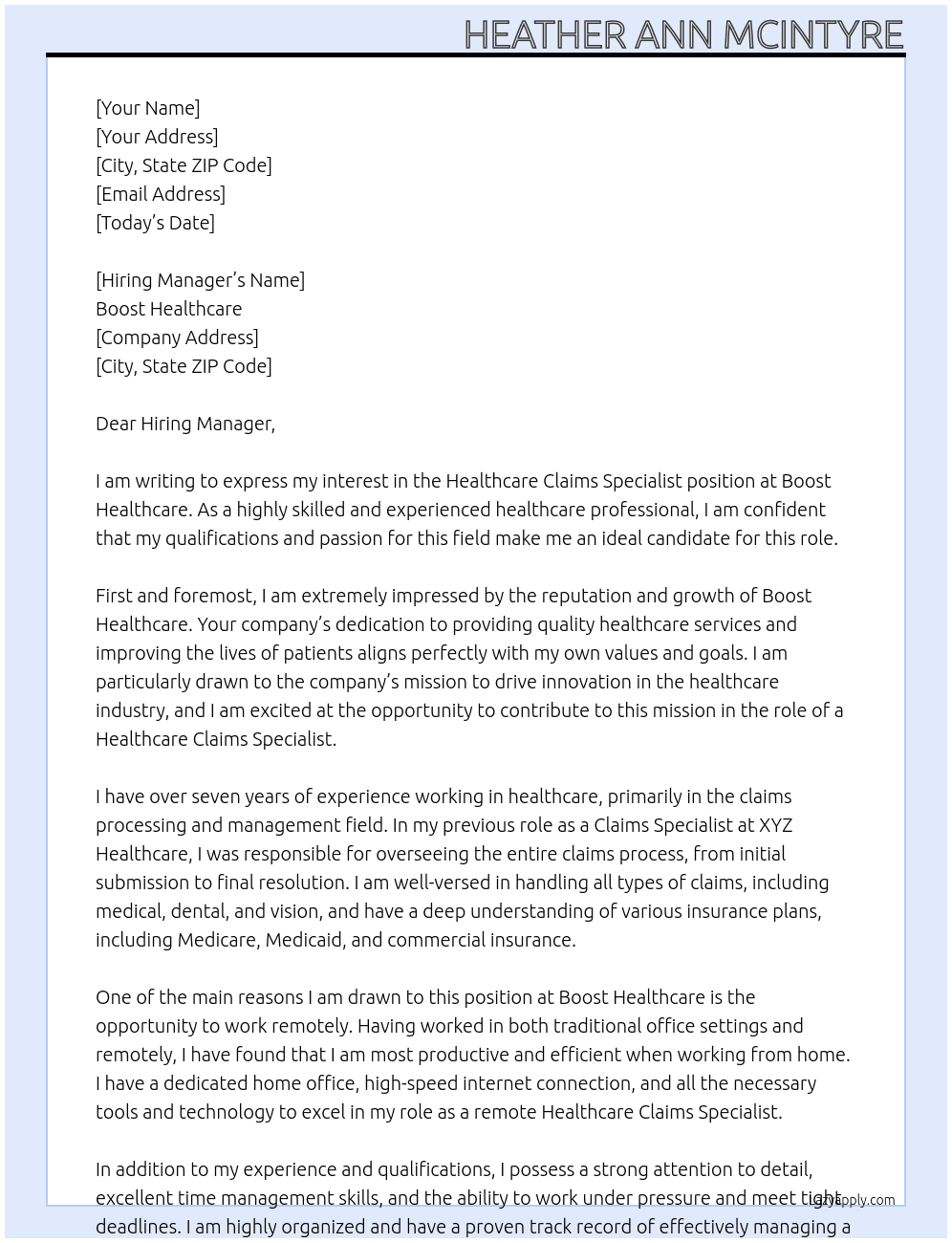 Healthcare Claims Specialist  At boost healthcare Cover Letter