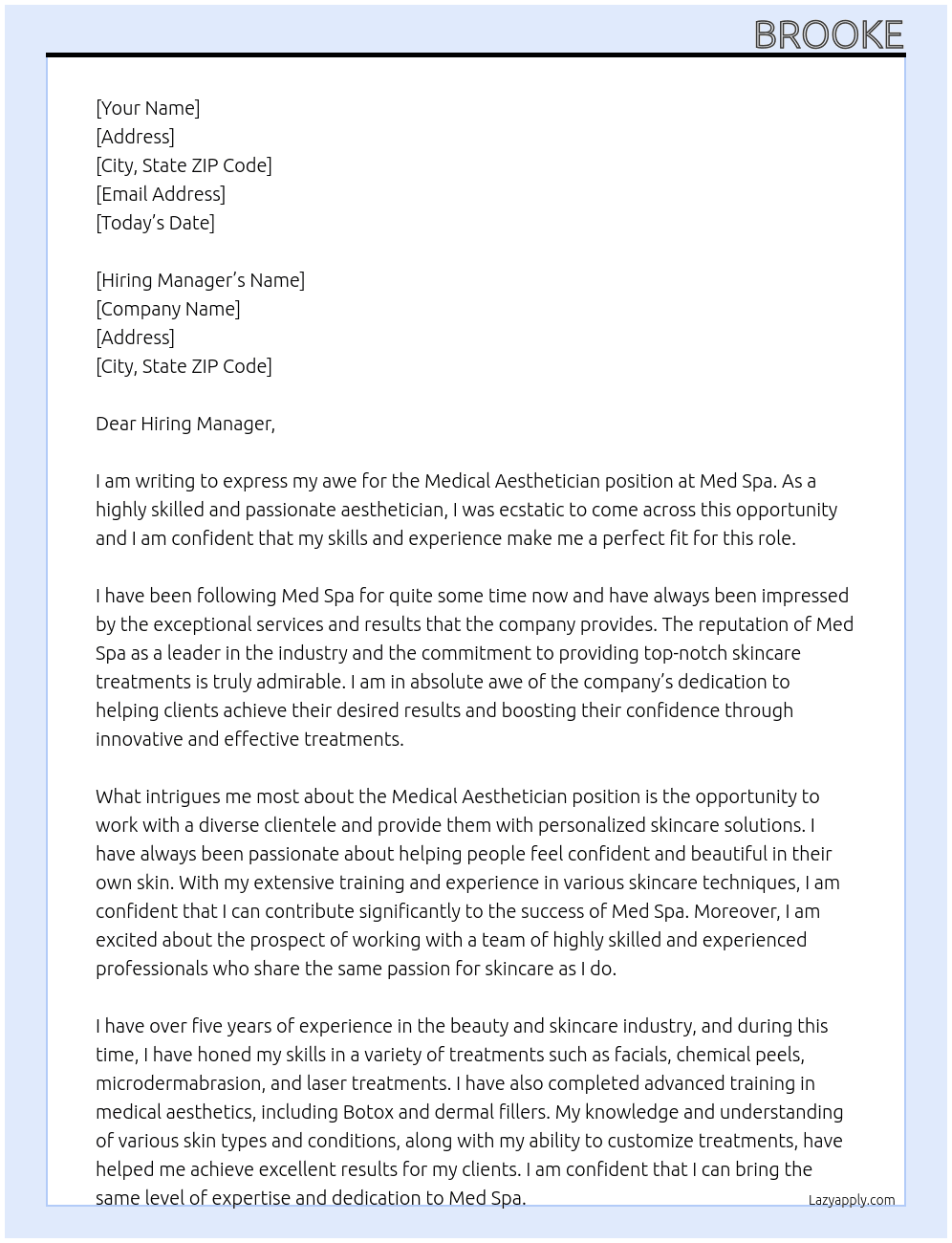 Medical Aesthetician At Med Spa Cover Letter