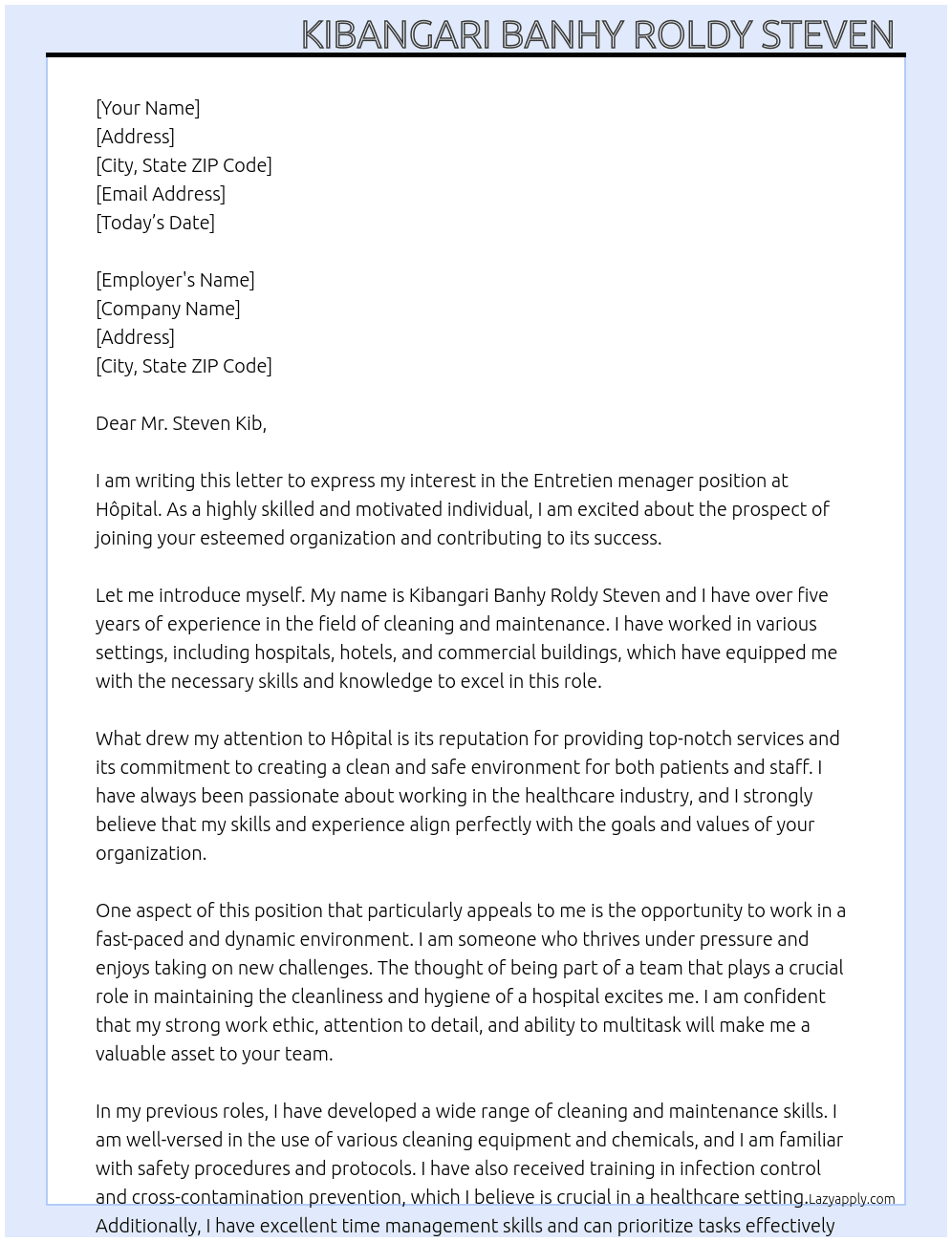 Entretien menager  At Hôpital  Cover Letter