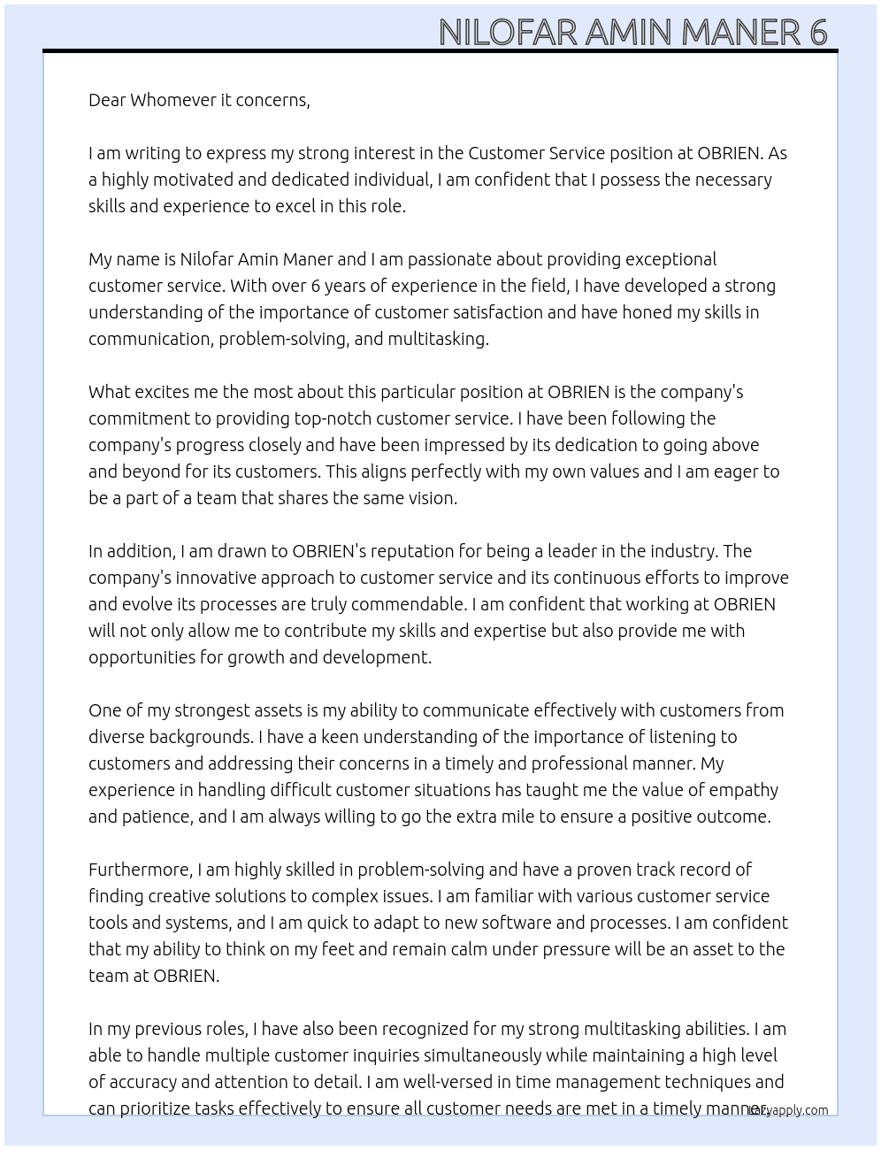 Customer service  At OBRIEN  Cover Letter
