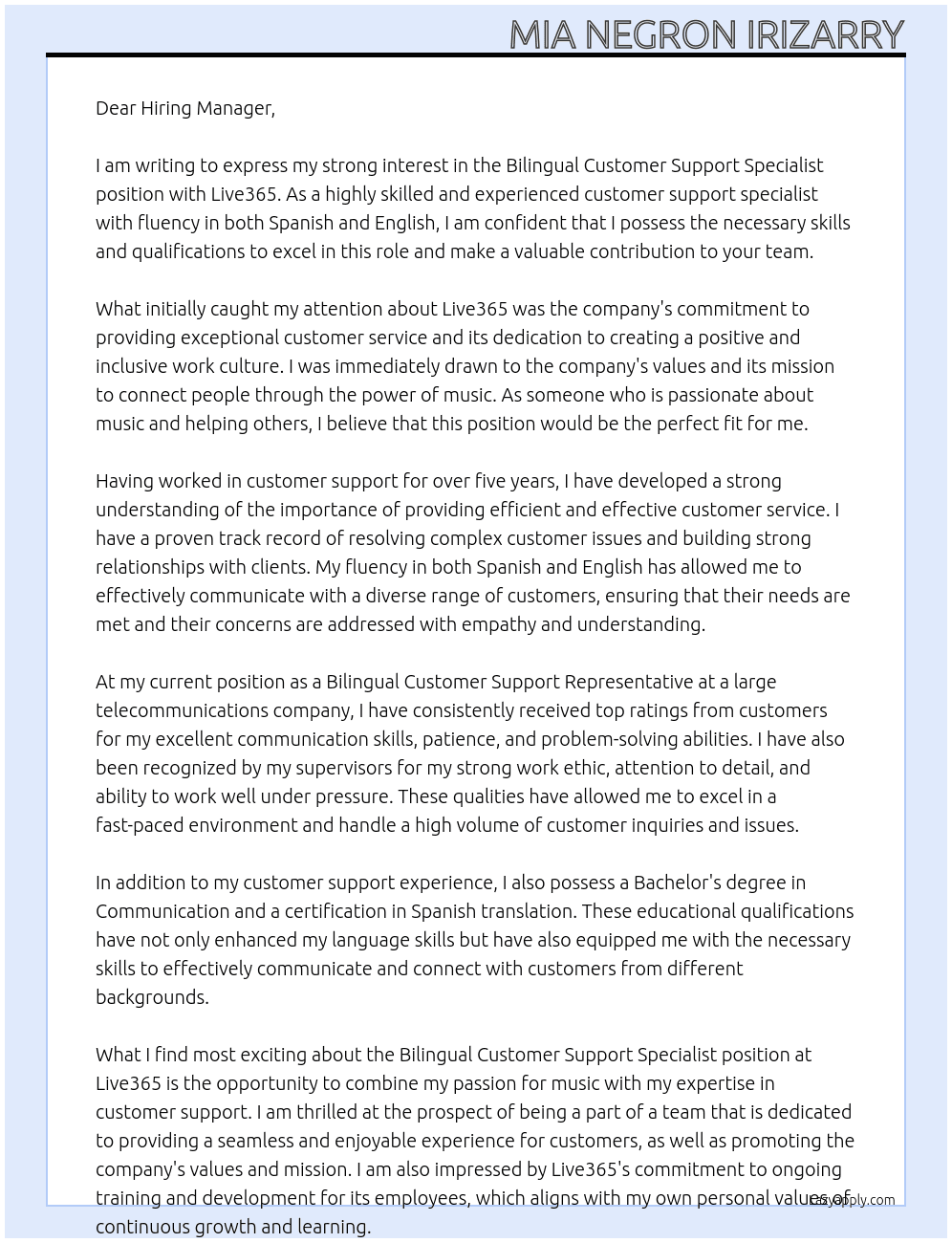 Bilingual Customer Support Specialist (Spanish/English) At Live365 Cover Letter