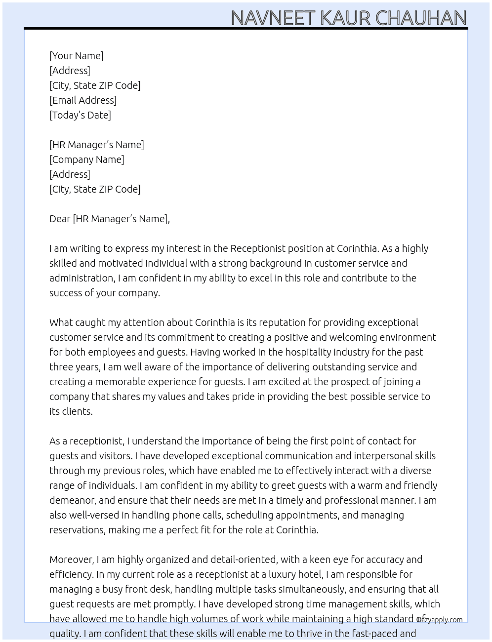 receptionist At corinthia Cover Letter