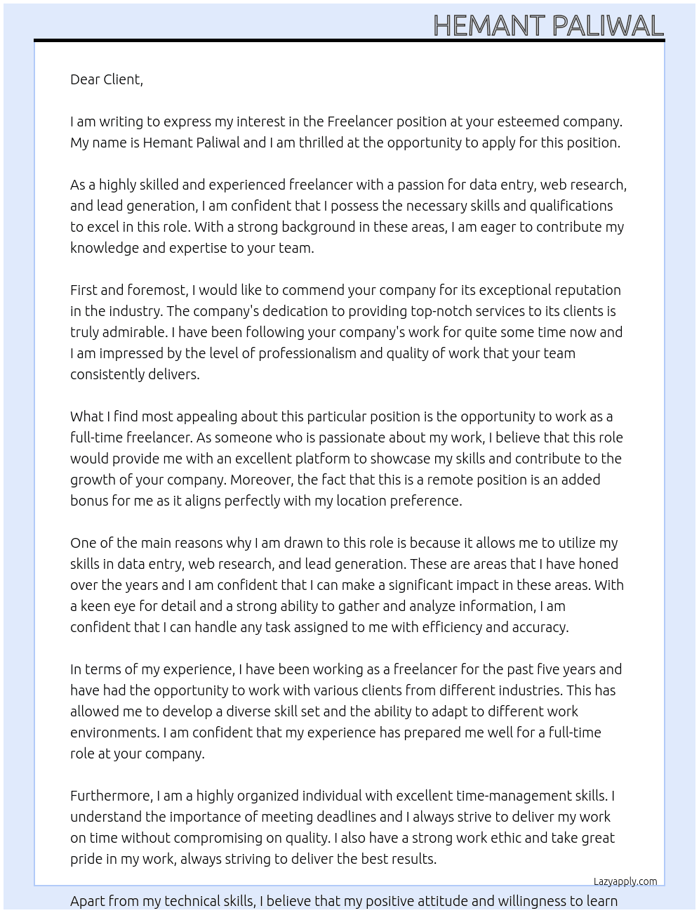 Freelancer At -- Cover Letter