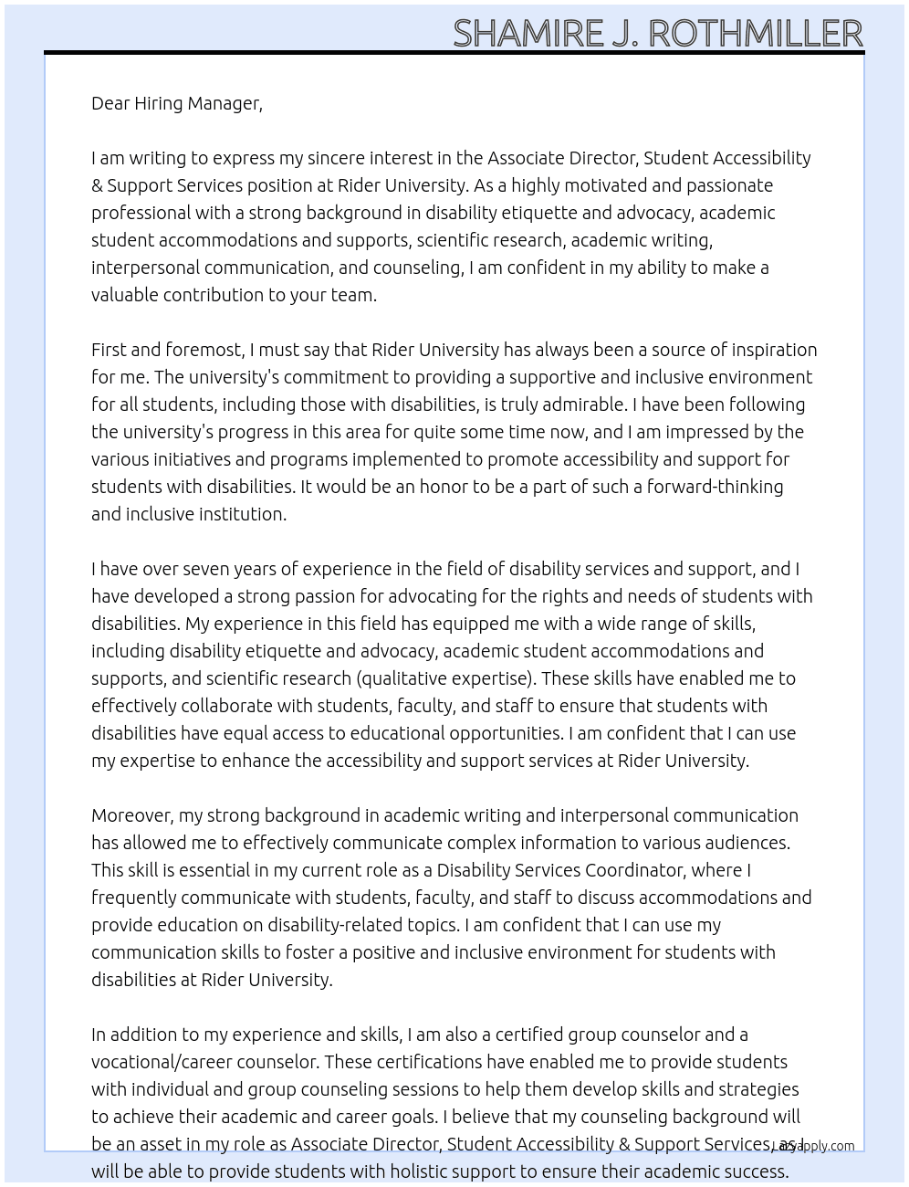 Associate Director, Student Accessibility & Support Services At Rider University Cover Letter
