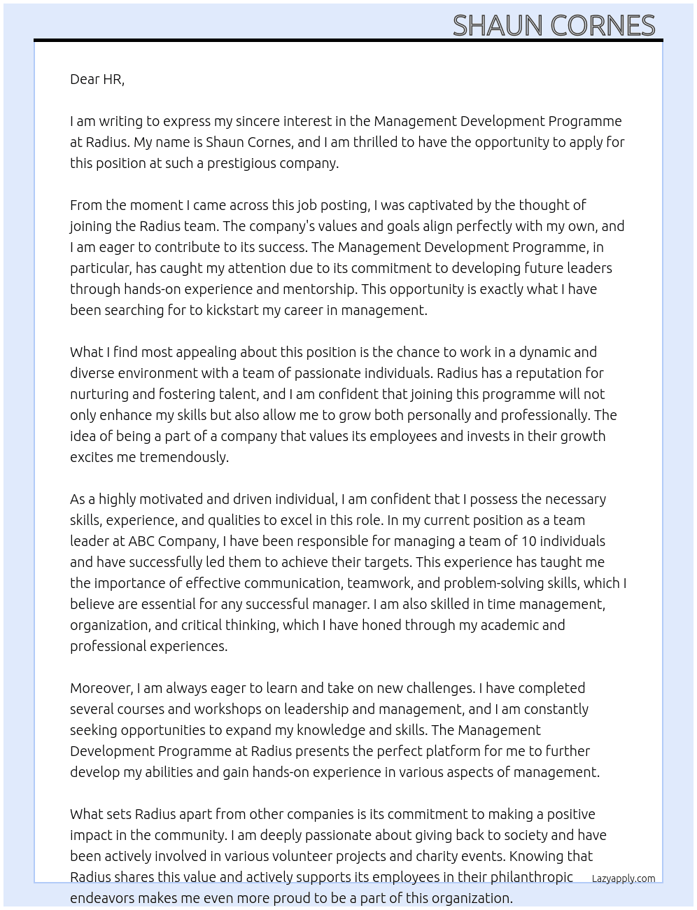 Management Development Programme At Radius Cover Letter