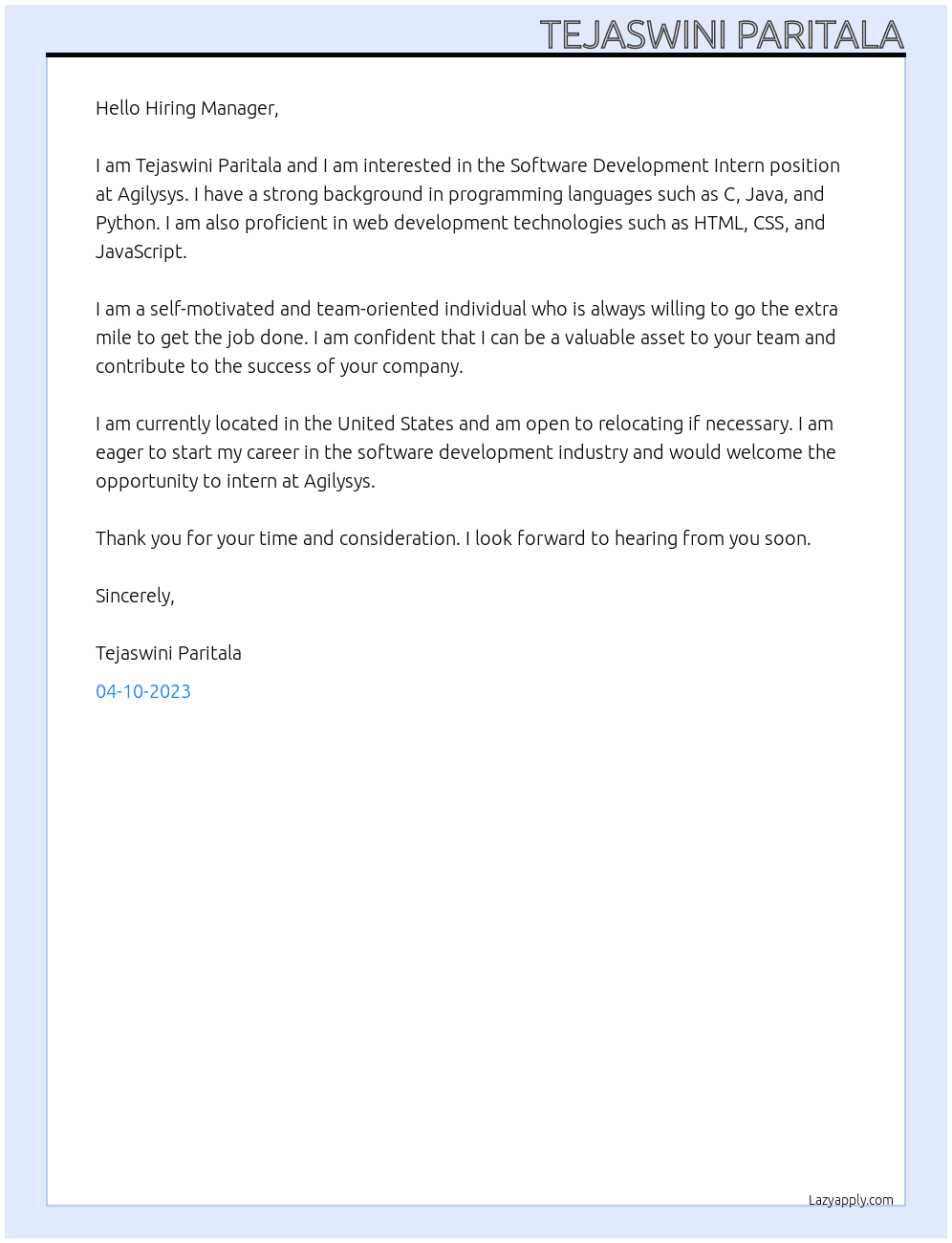 Software Development Intern At Agilysys Cover Letter