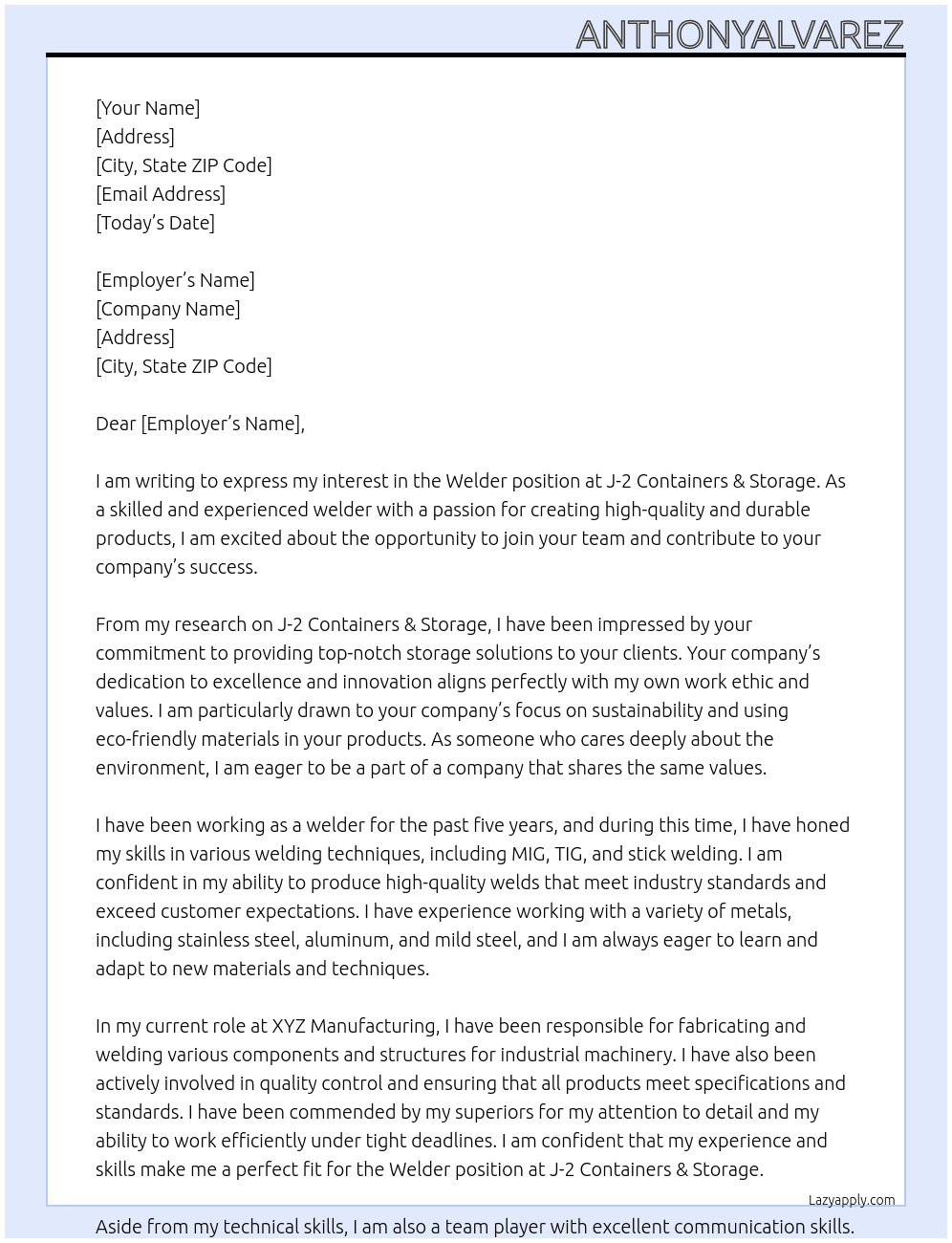 Welder  At J-2 Containers & Storage Cover Letter