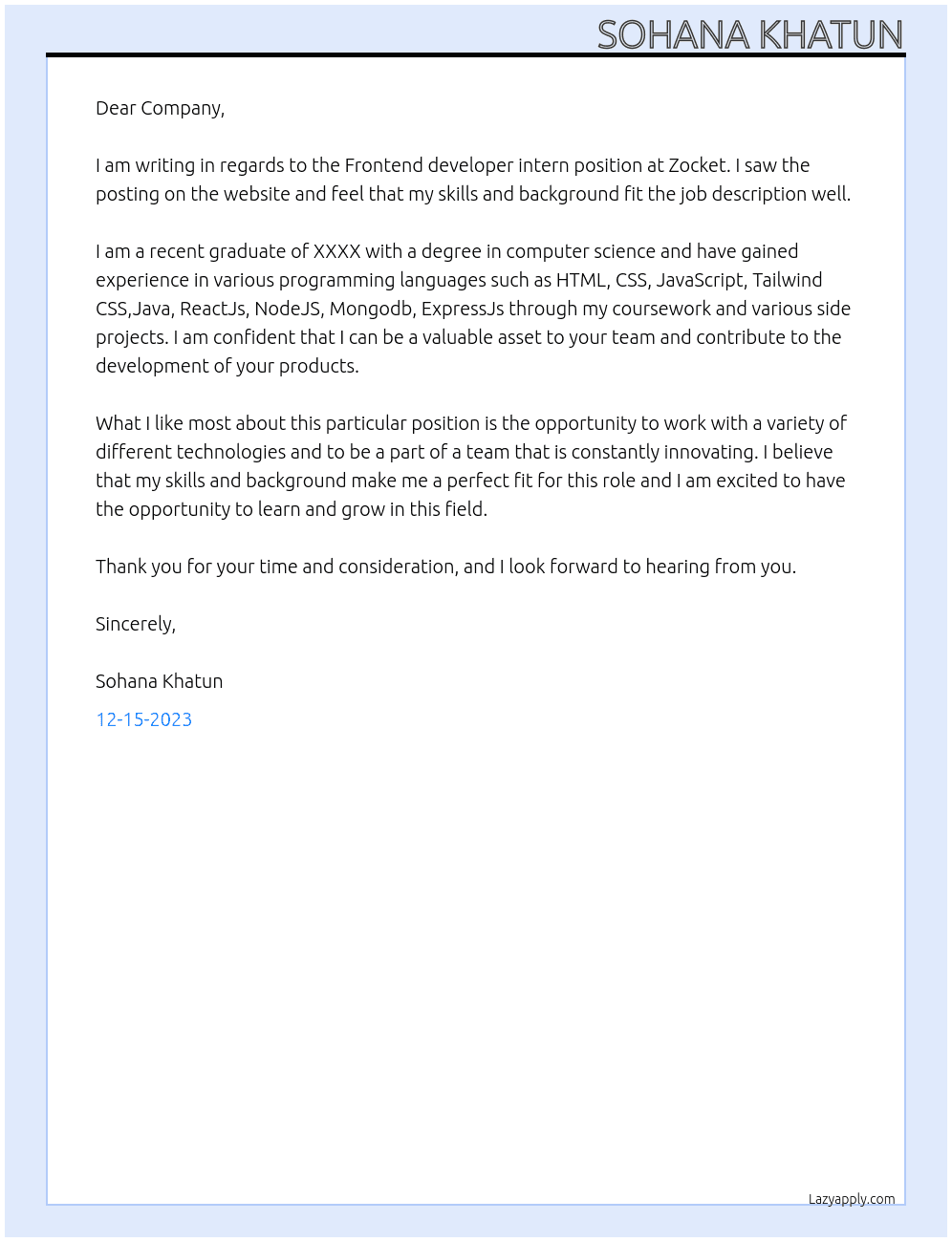 Frontend developer intern  At Zocket Cover Letter