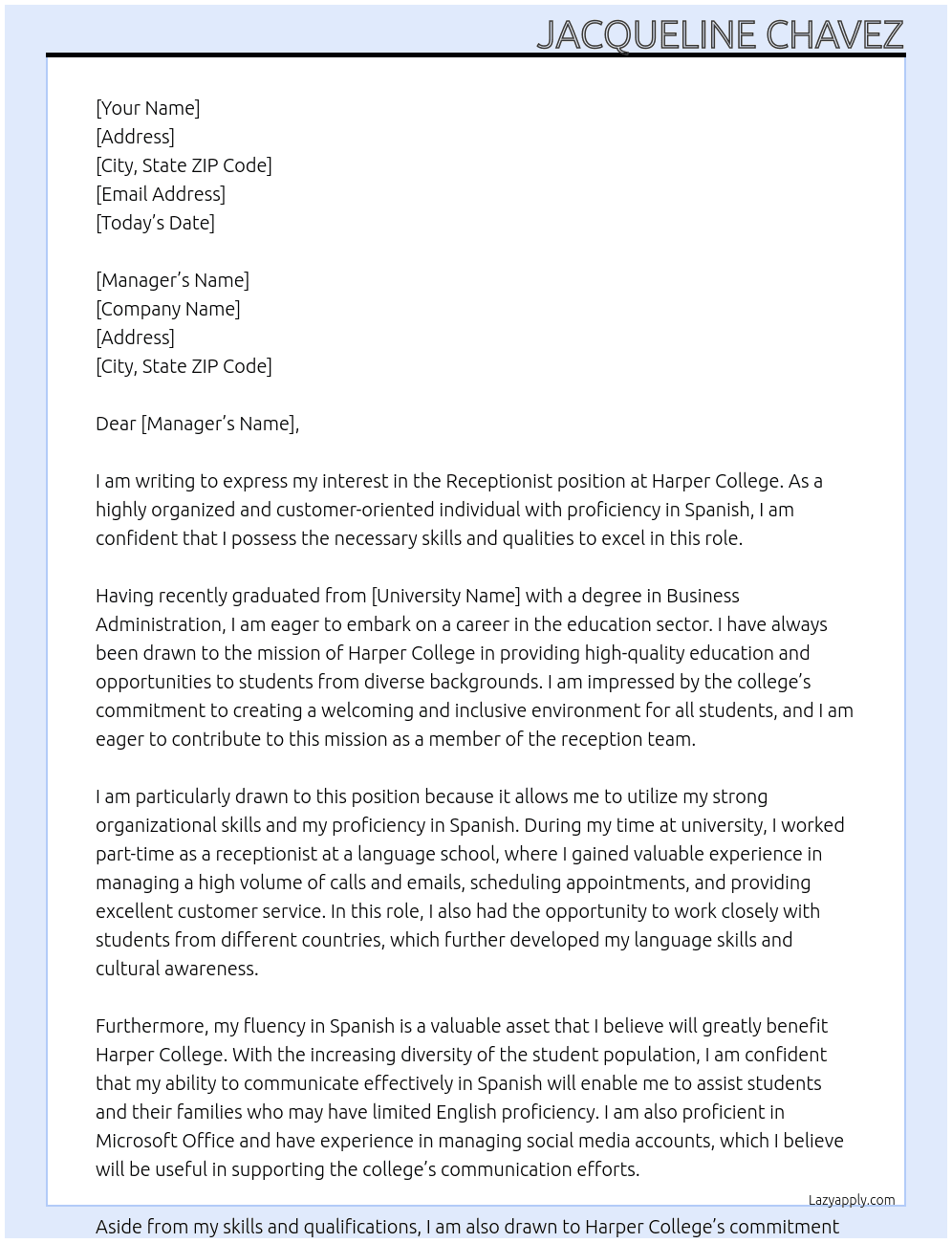 Receptionist  At Harper College  Cover Letter