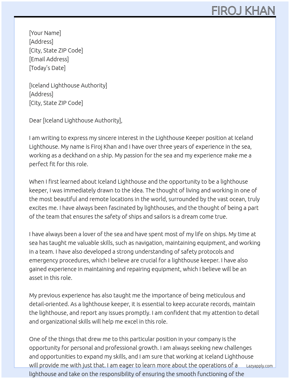 Lighthouse keeper At Icland light house Cover Letter