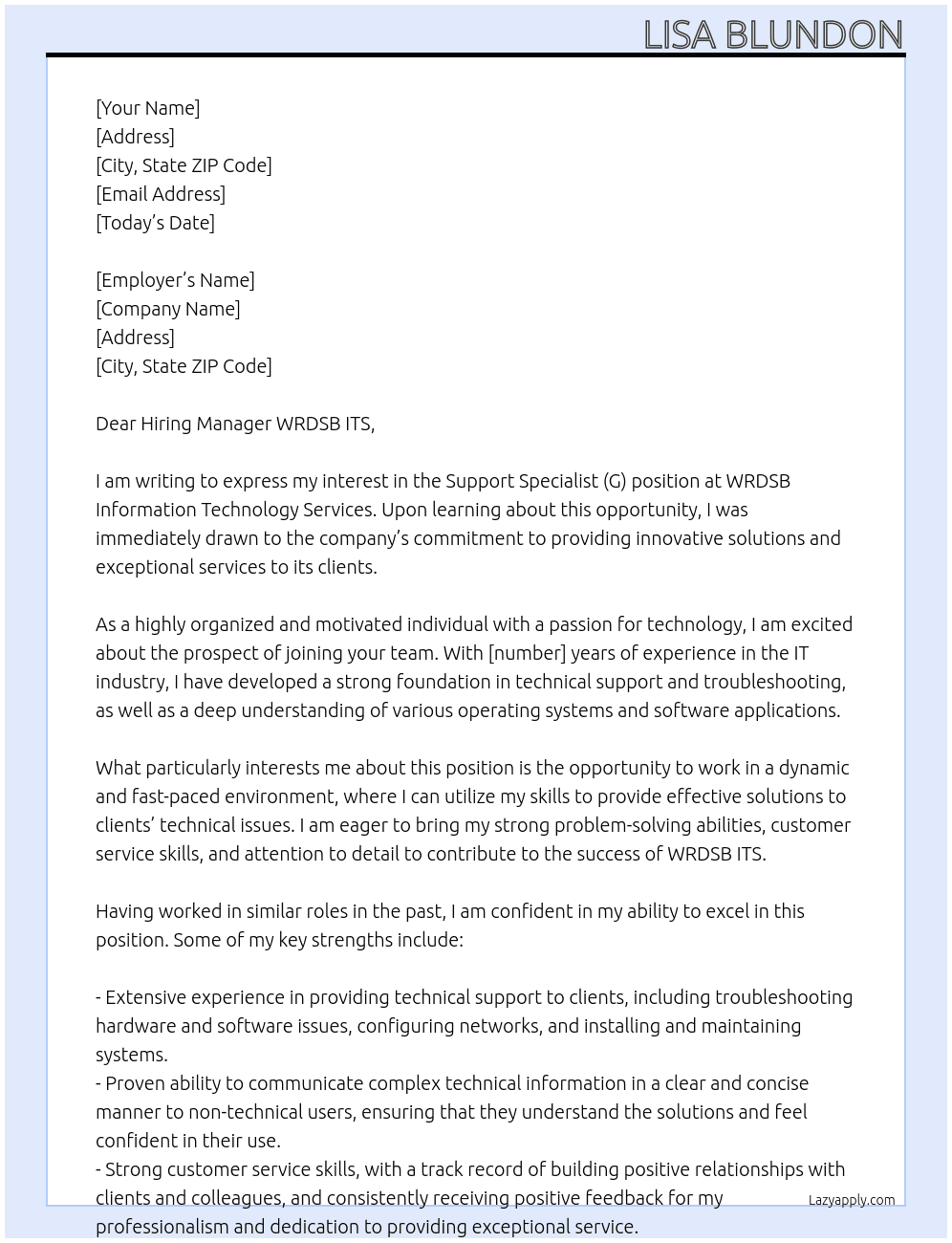 Support Specialist (G) At WRDSB Information Technology Services Cover Letter