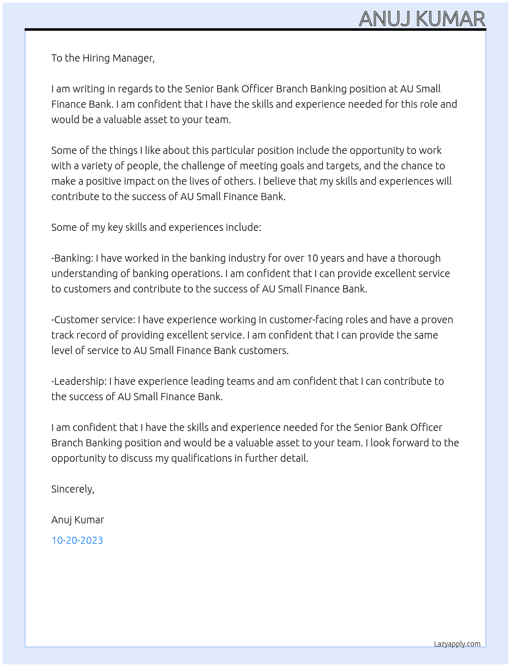 Senior Bank Officer Branch Banking At AU Small Finance Bank Cover Letter