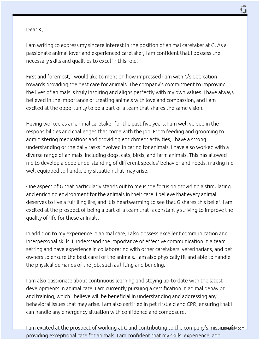 animal caretaker At g Cover Letter