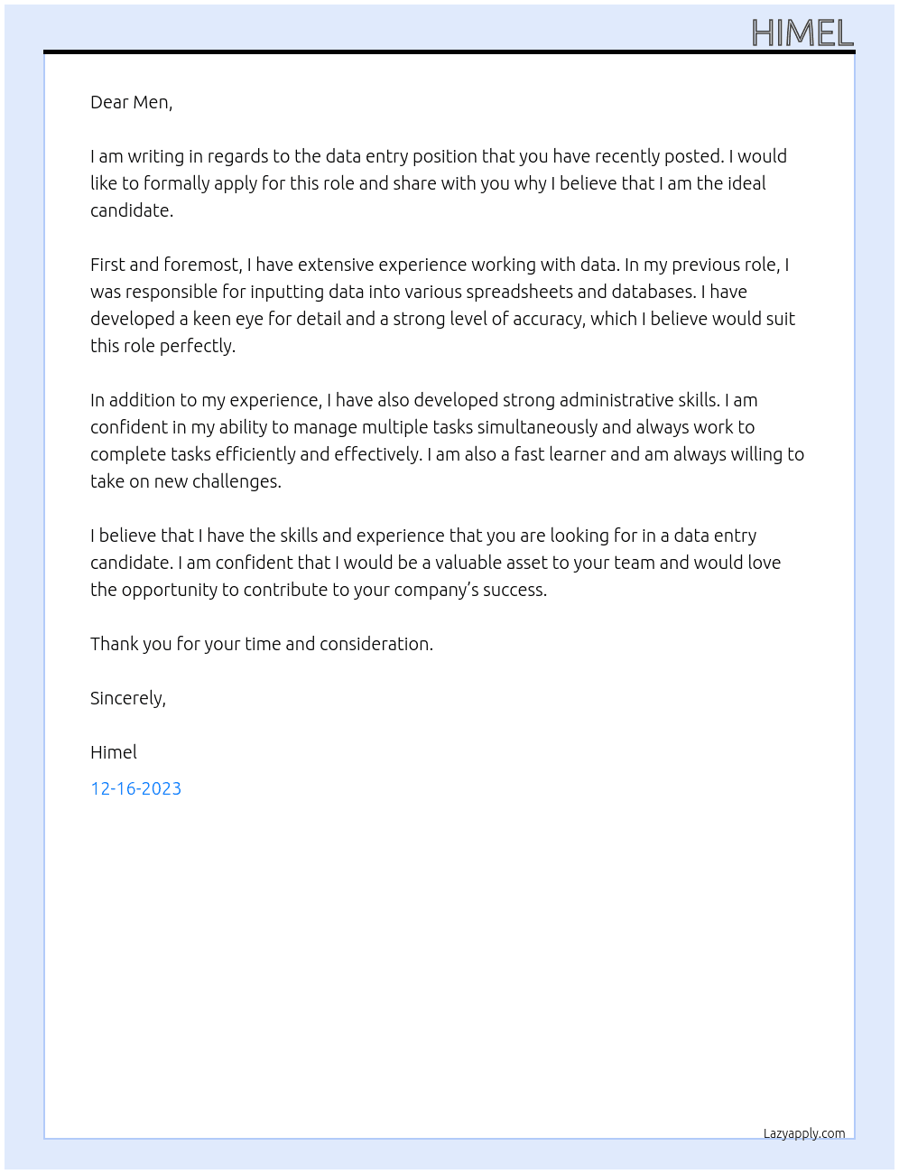 data entry At Men Cover Letter