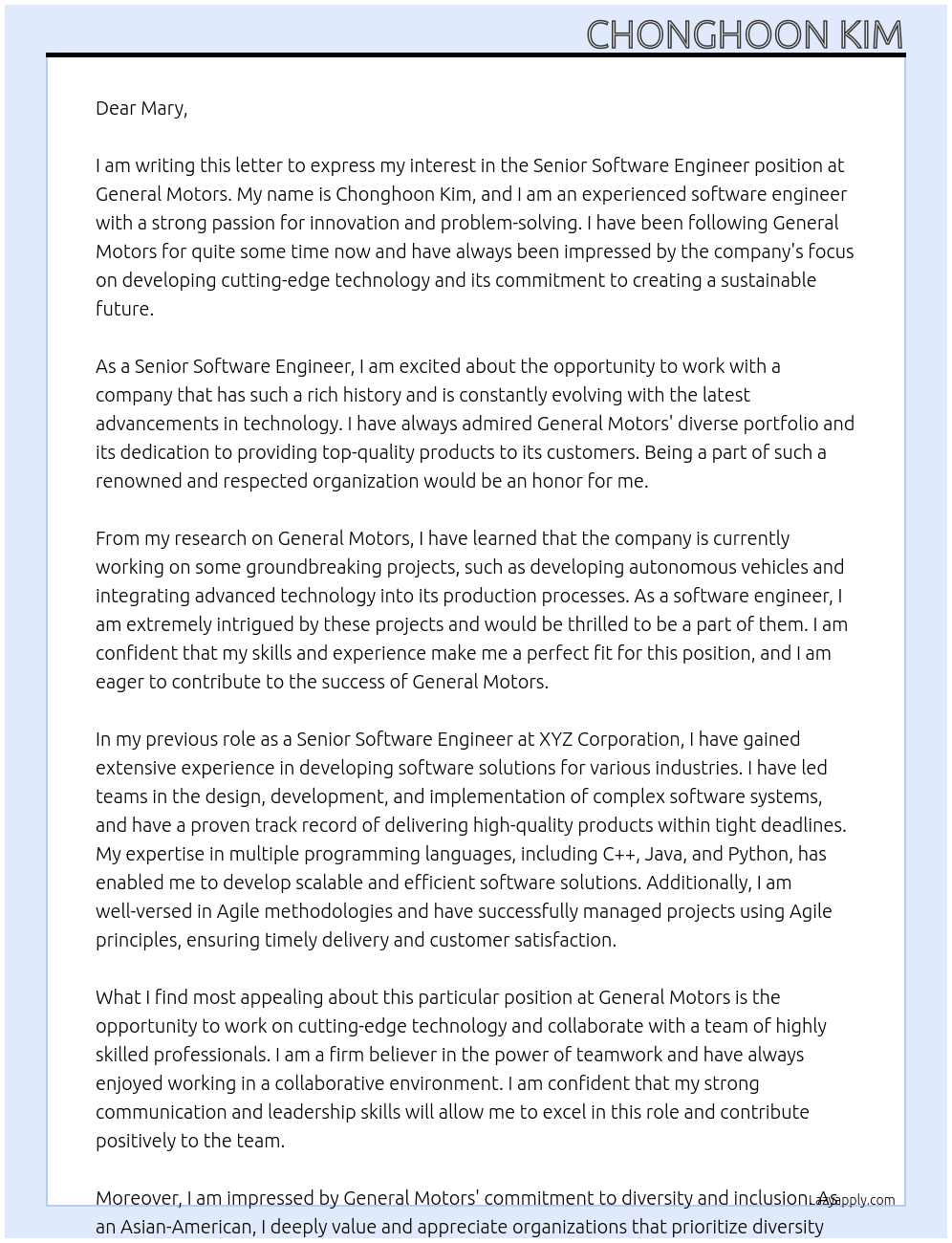 Senior Software Engineer At General Motors Cover Letter