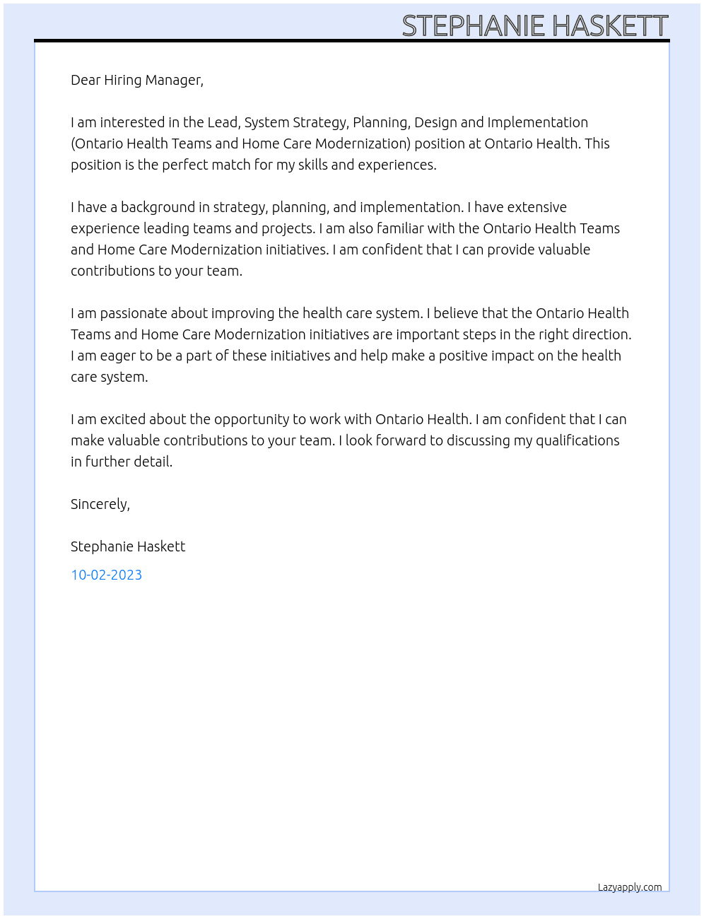 Lead, System Strategy, Planning, Design and Implementation (Ontario Health Teams and Home Care Modernization) At Ontario Health Cover Letter