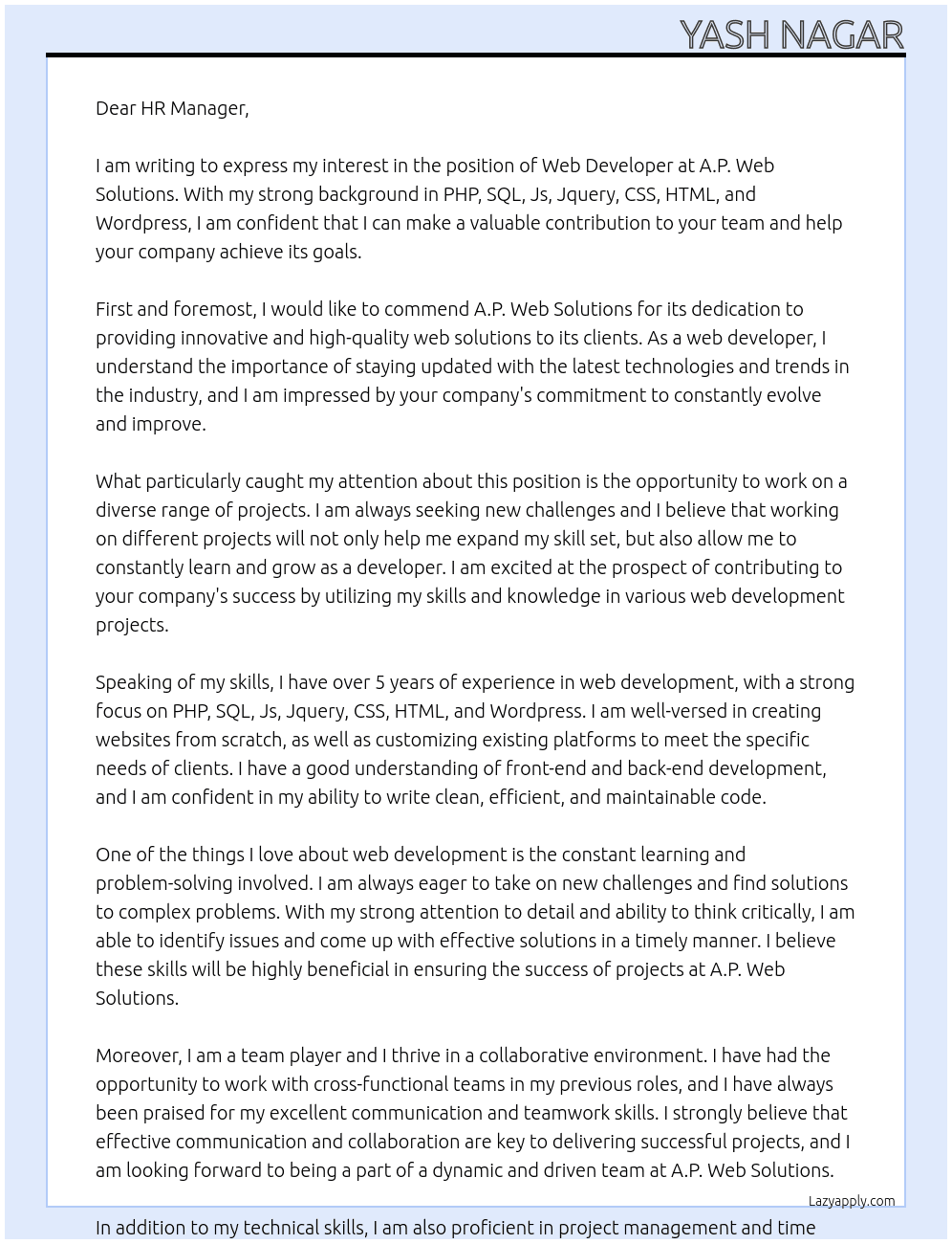 Web Developer At A.P. Web Solutions Cover Letter
