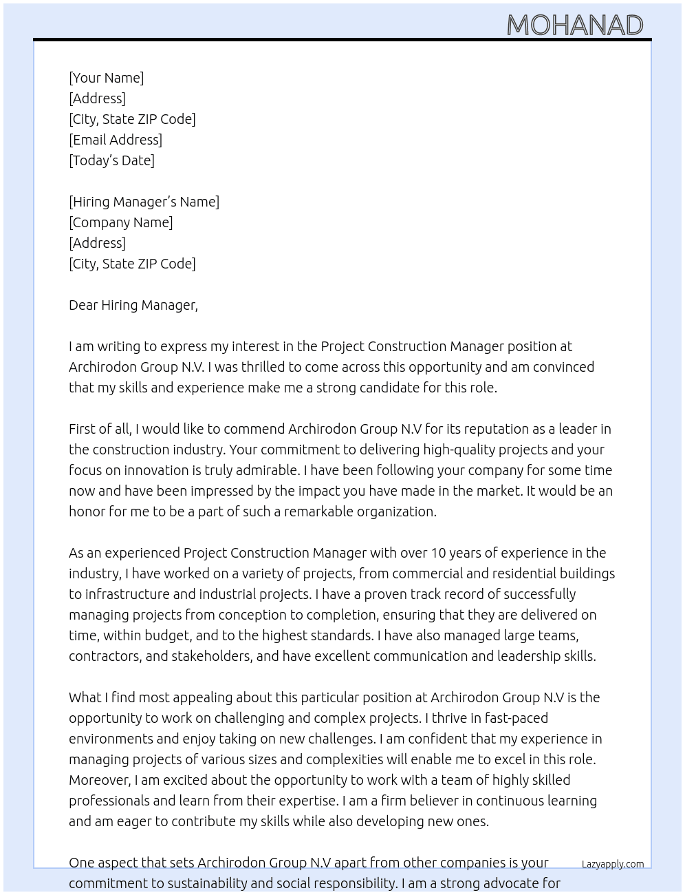 Project Construction Manager  At Archirodon Group N.V Cover Letter