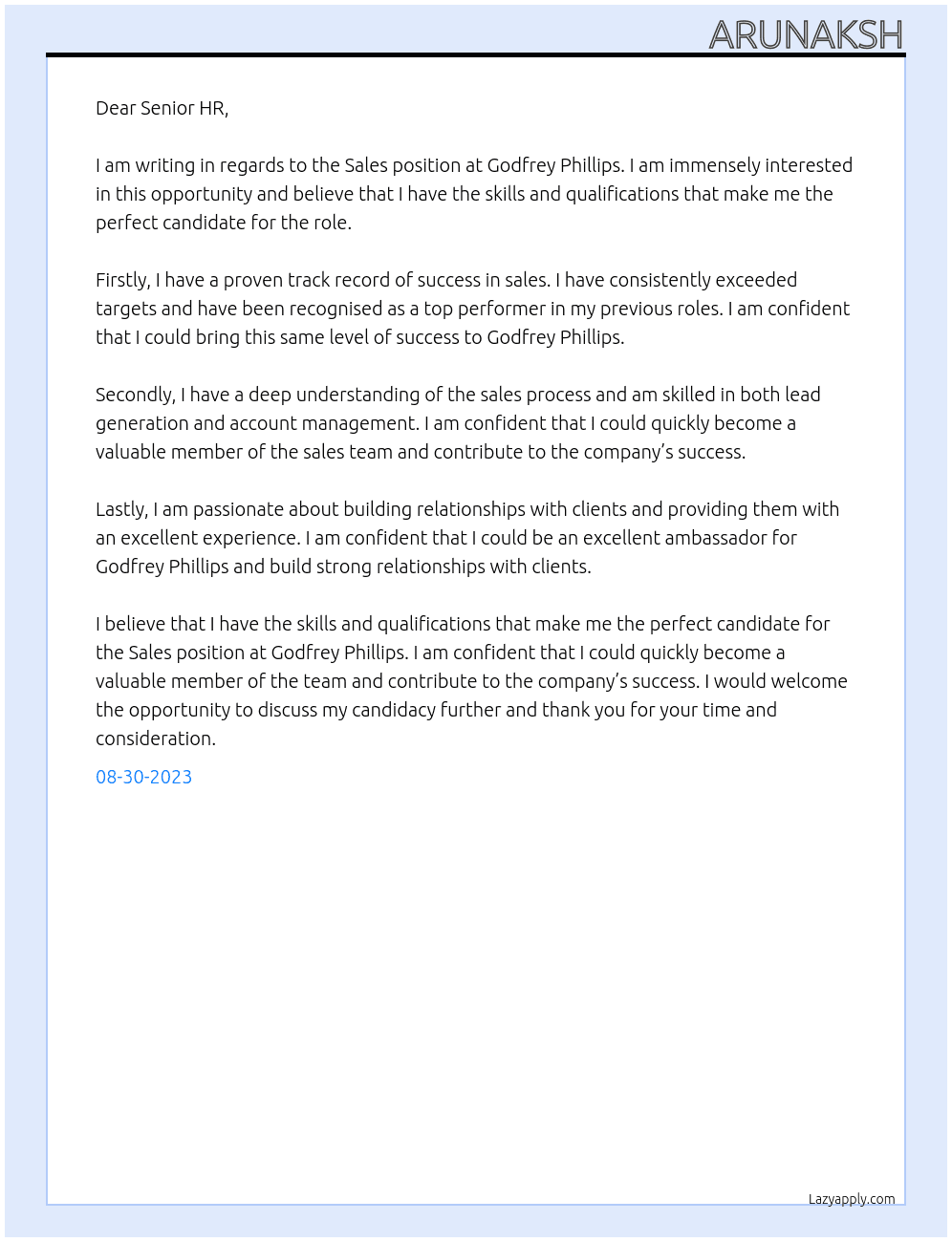 Sales At Godfrey Phillips Cover Letter