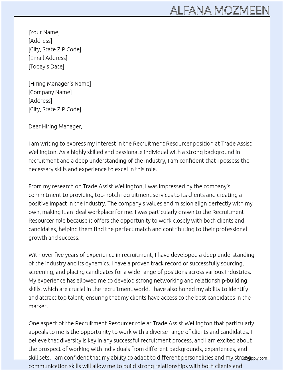 Recruitment Resourcer At Trade Assist Wellington  Cover Letter