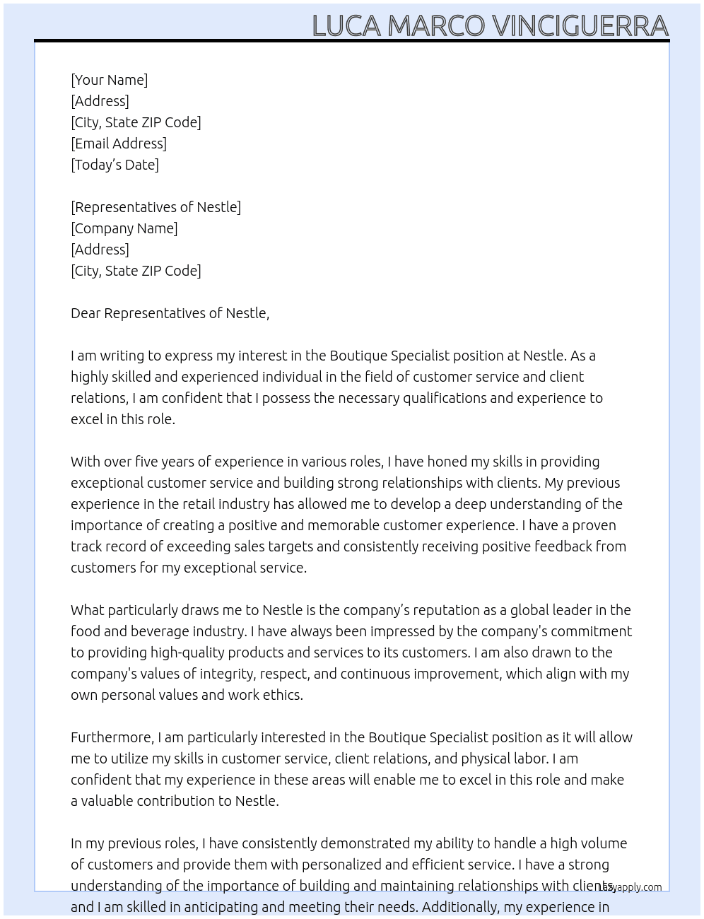 Cover letter for boutique specialist - LazyApply