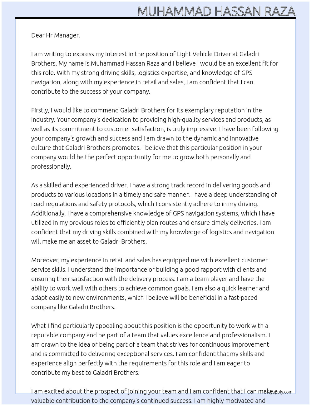Light vehicle driver At Galadri brother Cover Letter