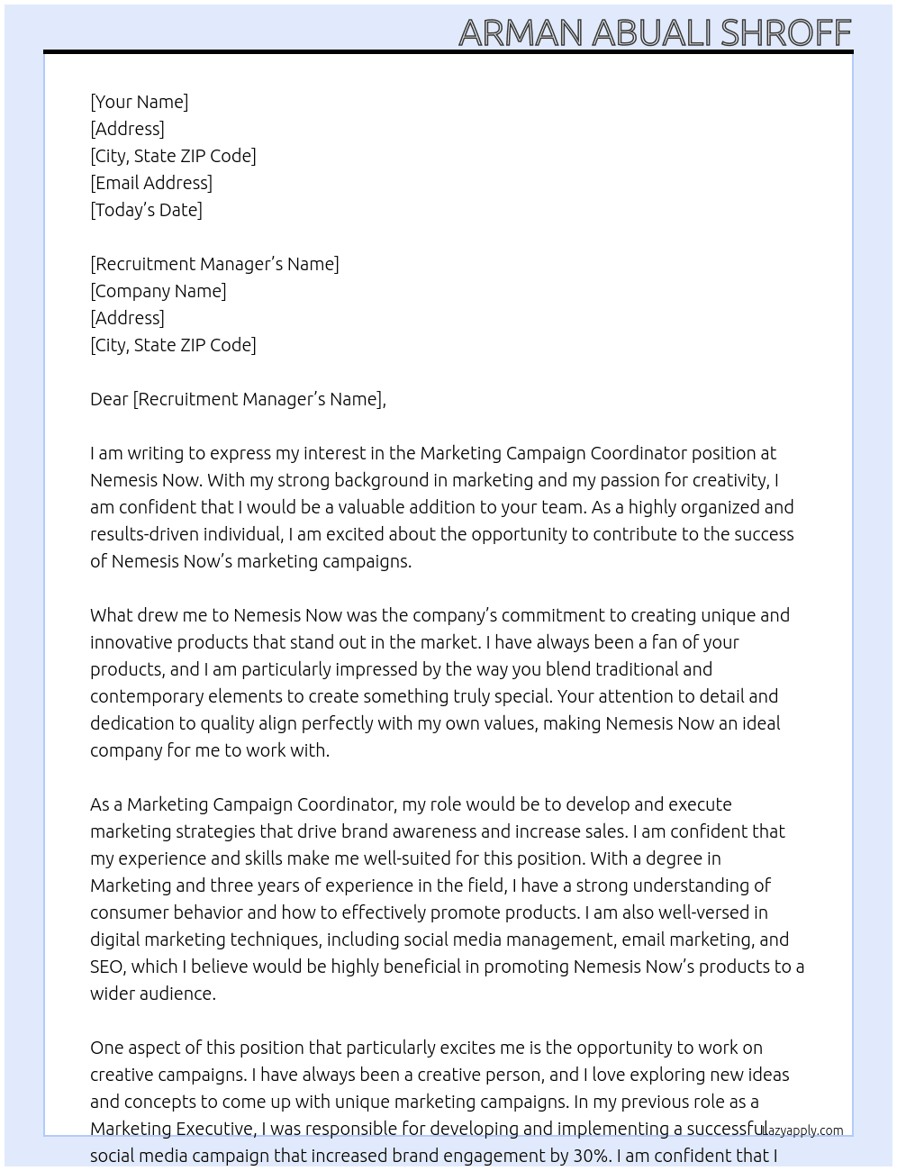 Marketing Campaign Coordinator At Nemesis Now Cover Letter