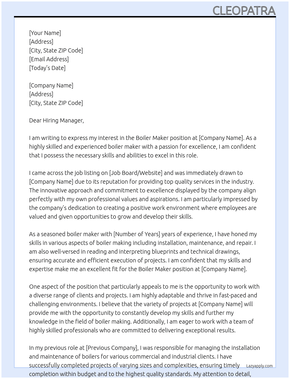 boiler maker At HIRE RESOLVE US Cover Letter