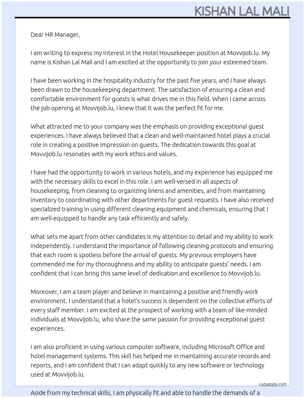 Hotel house keeper At Movvijob.lu Cover Letter