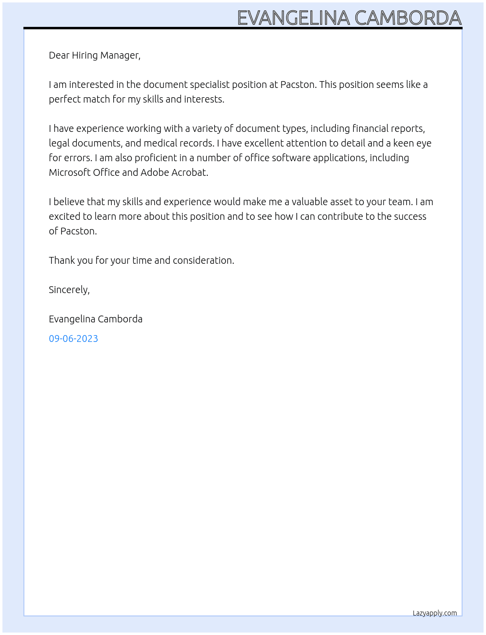 Document specialist At Pacston Cover Letter