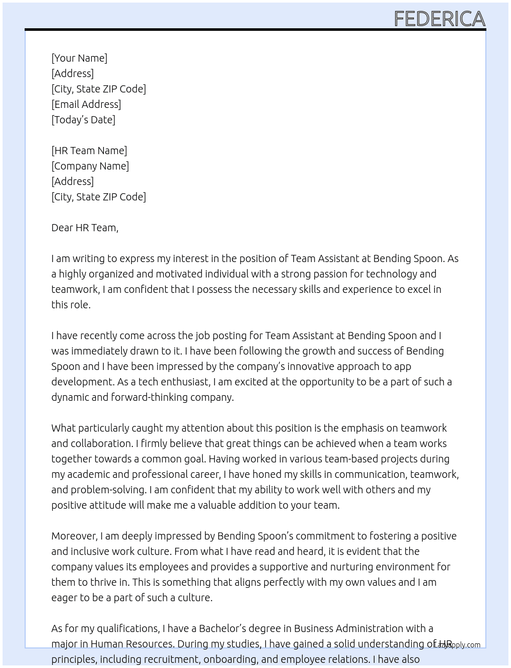 Team Assistant At bending spoon Cover Letter