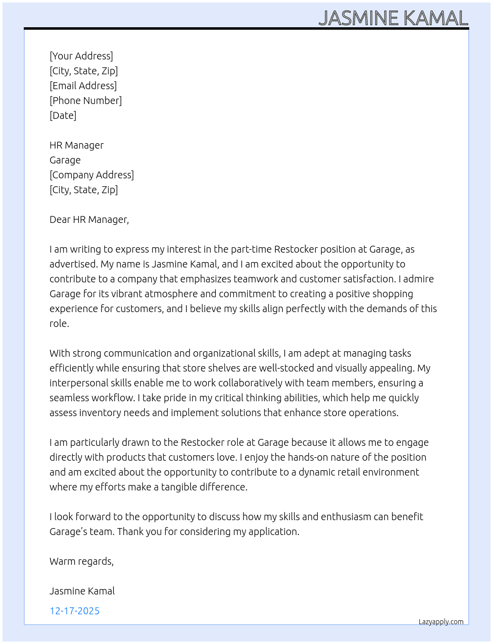 Restocker  At Garage Cover Letter