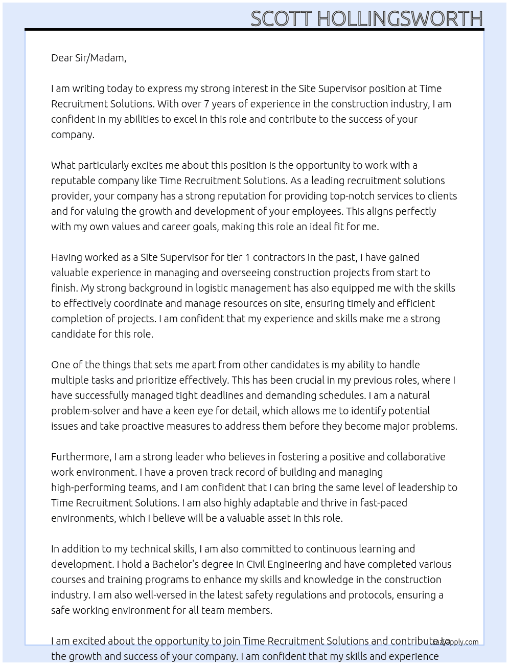  site supervisor At Time recruitment solutions Cover Letter