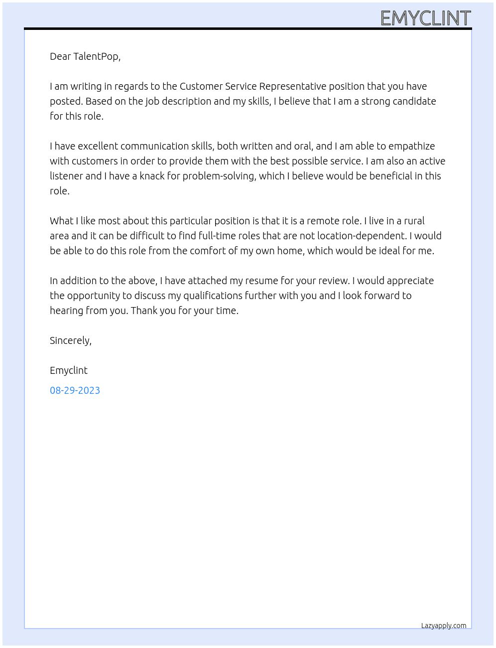 Customer service representative  At TalentPop Cover Letter
