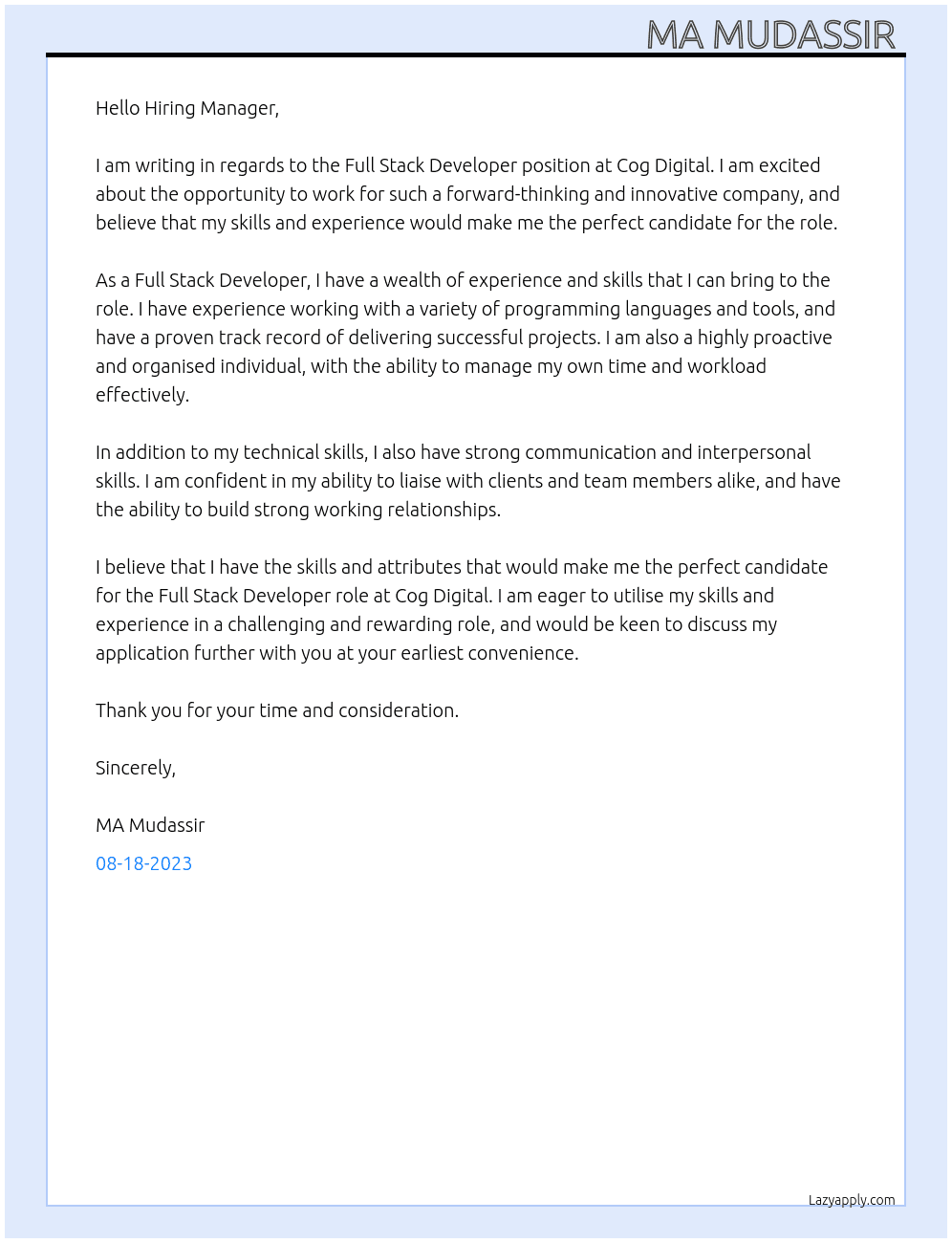 Full stack developer  At Cog Digital  Cover Letter