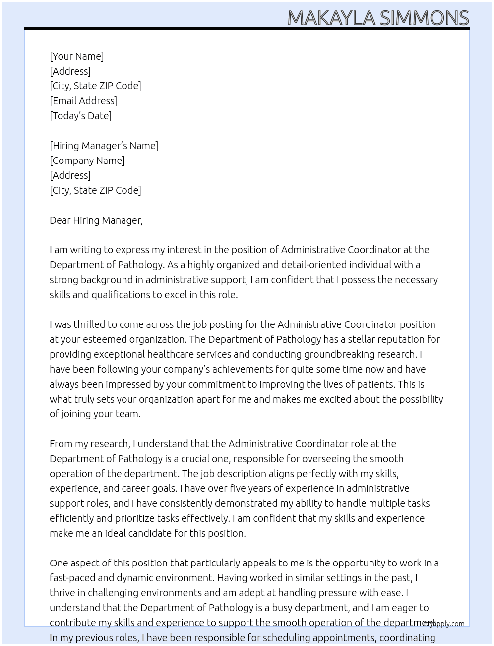 Administrative Coordinator At Dept. of Pathology Cover Letter