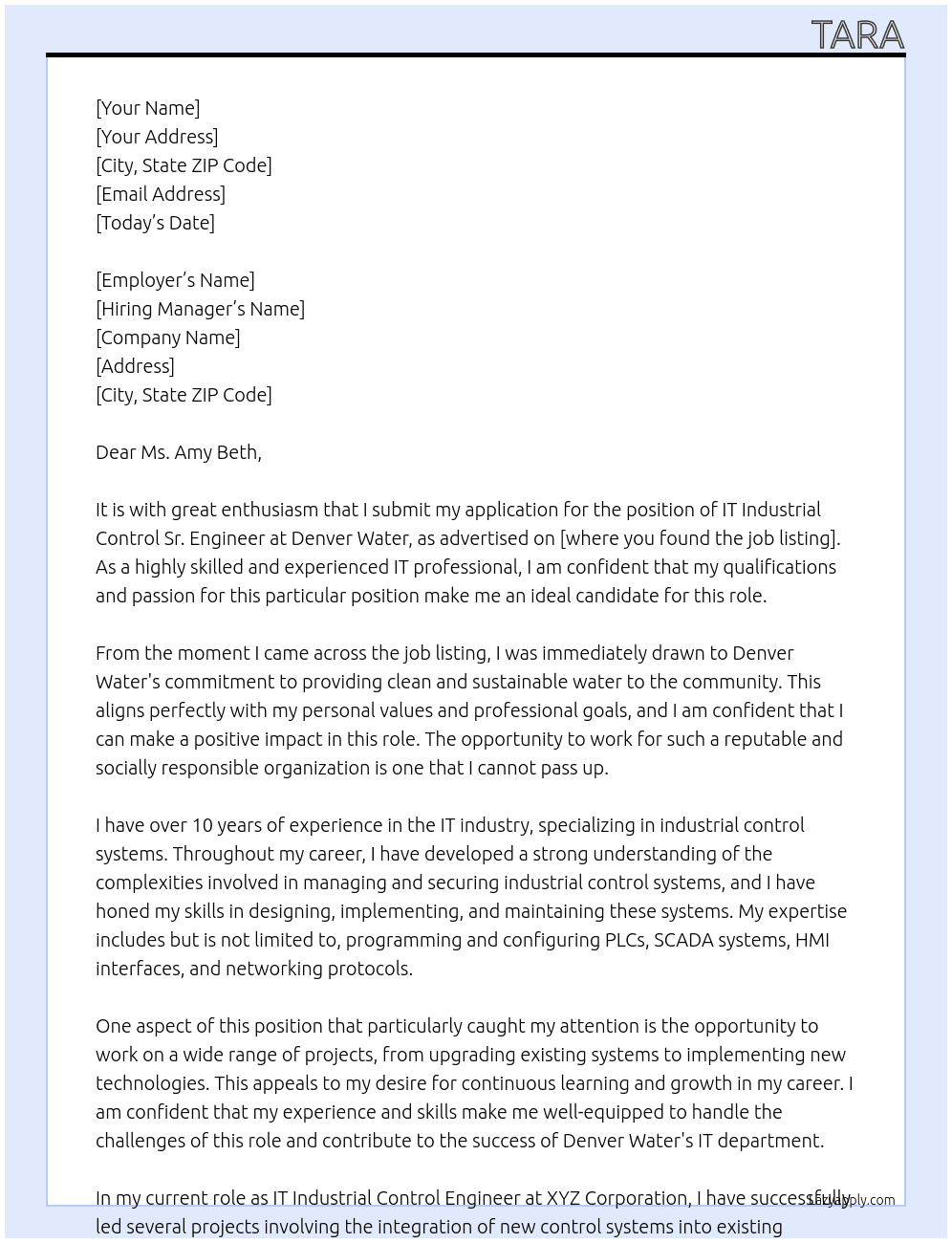 IT Industrial Control Sr. Engineer At Denver Water Cover Letter