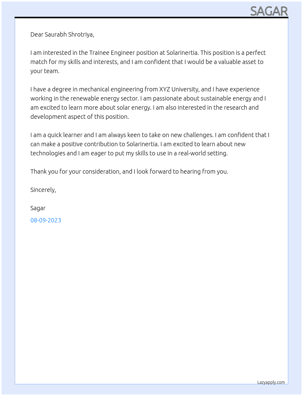 Trainee engineer At Solarinertia Cover Letter