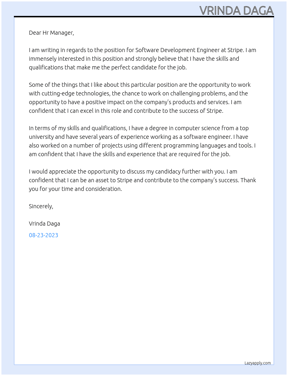 Software Development Engineer  At Stripe Cover Letter