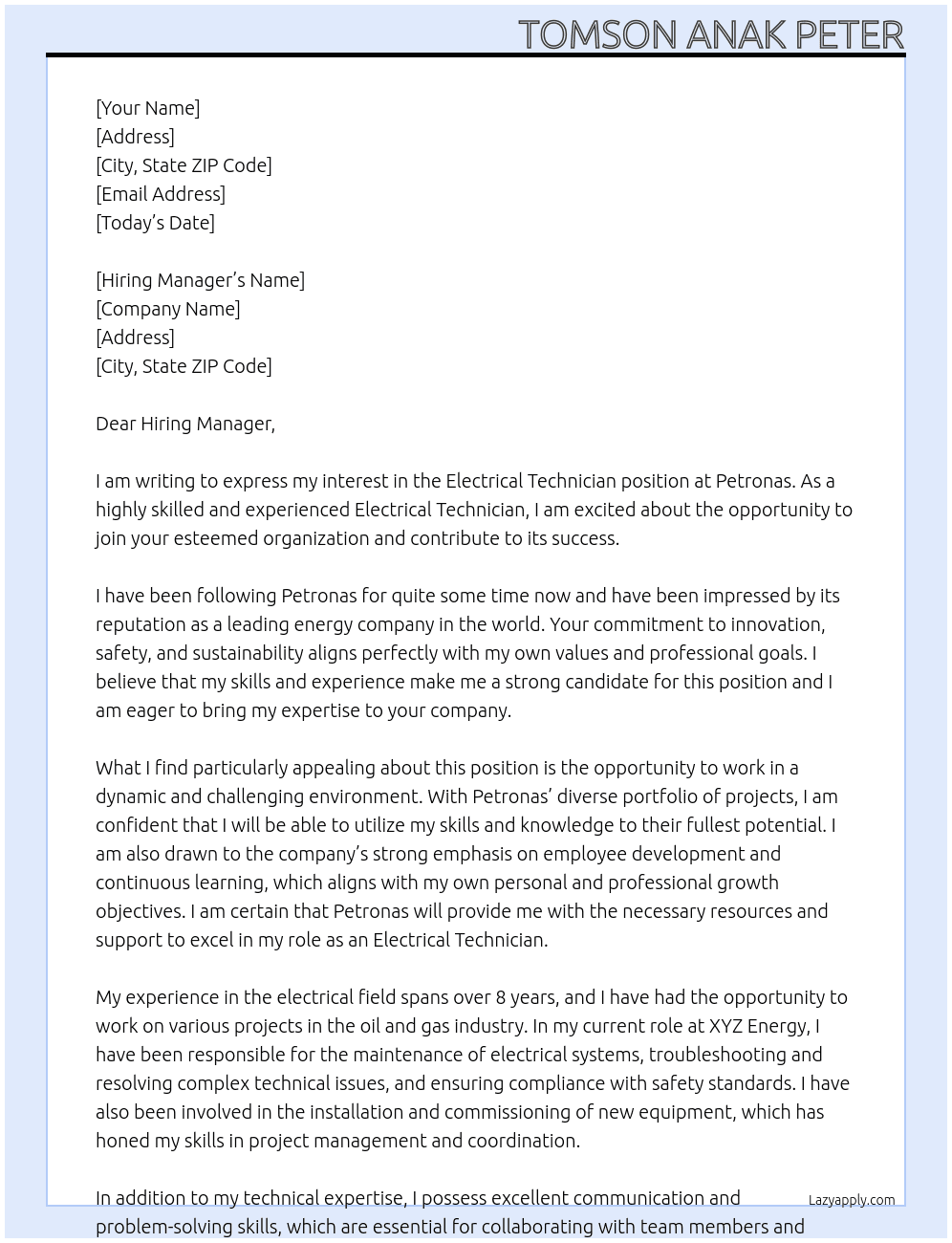 Electrical Technician At Petronas  Cover Letter