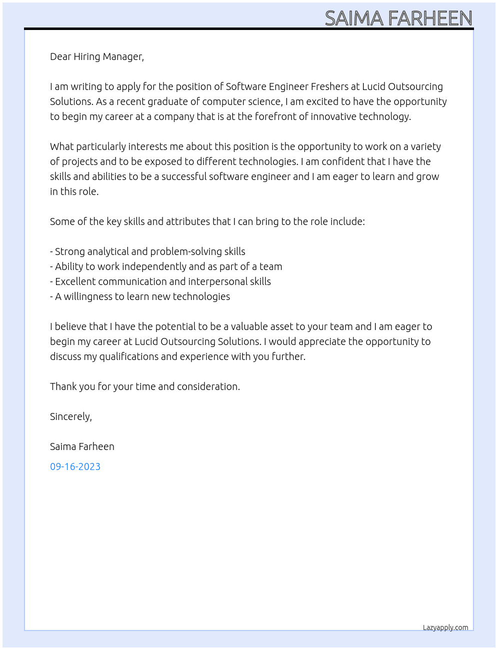 Software Engineer Frehsers At Lucid Outsourcing Solutions Cover Letter
