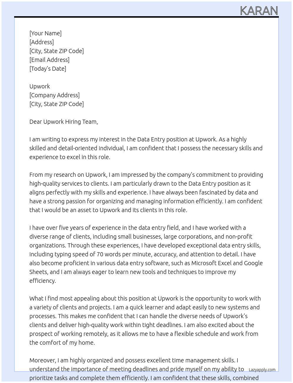 data entry At upwprk Cover Letter