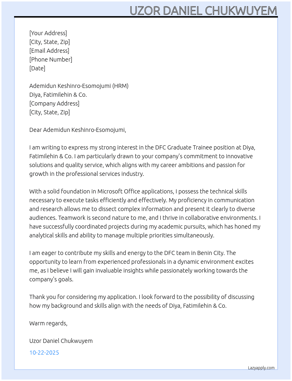 DFC Graduate Trainee  At Diya, Fatimilehin & Co. Cover Letter