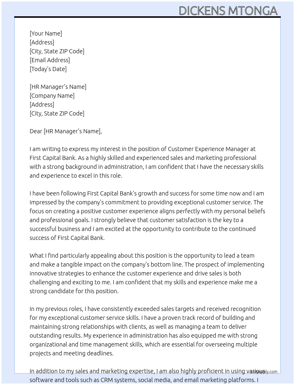 Customer experience manager  At First Capital Bank  Cover Letter