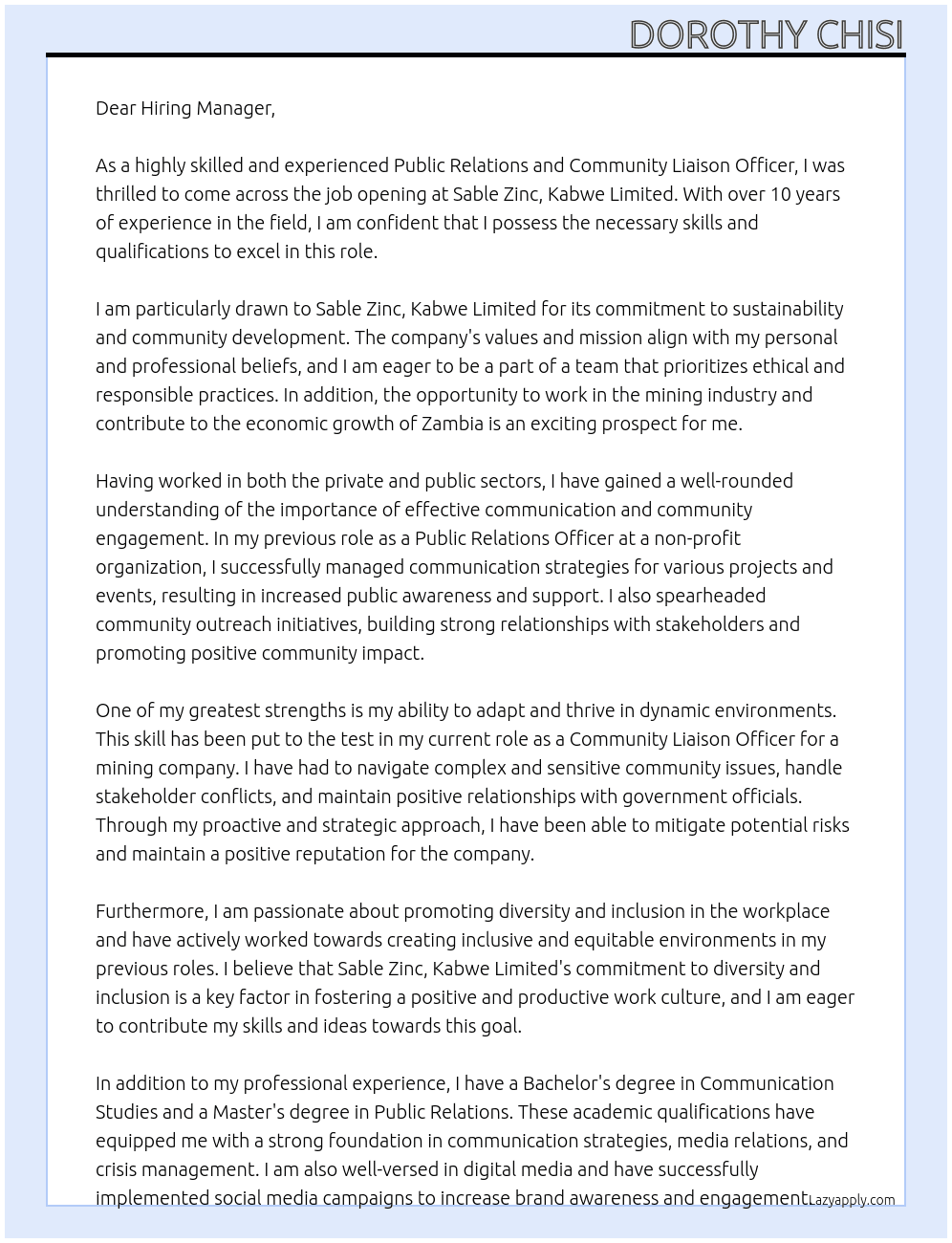 Public RElations and Community Liason Officer At Sable Zinc,Kabwe Limited Cover Letter